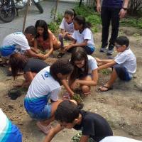 Crianças durante a aula prática de plantio de mudas de jardim na horta